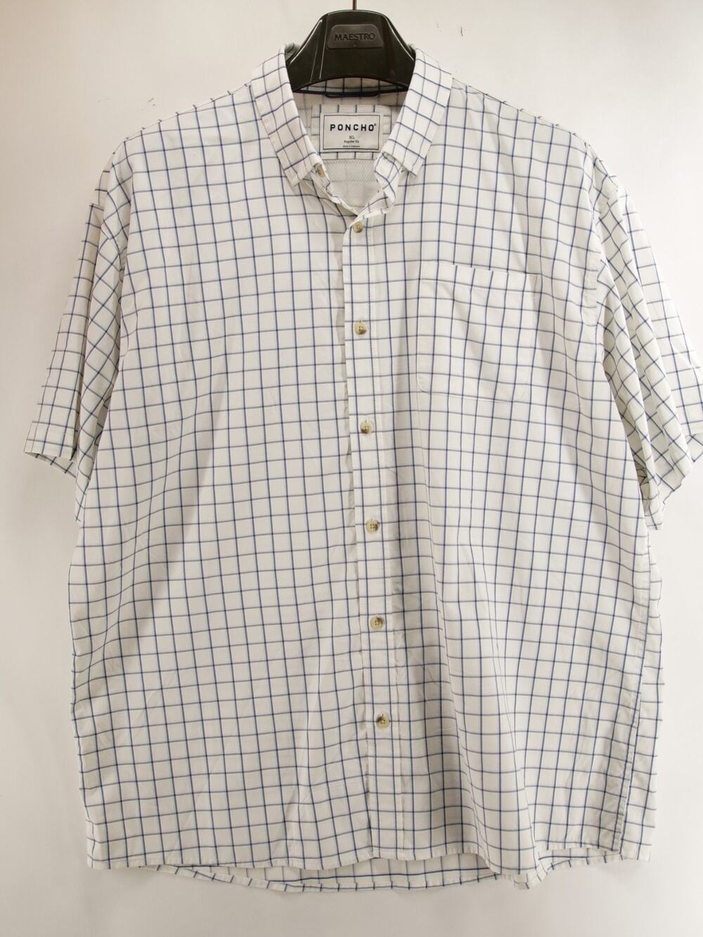 Poncho Outdoors Shirt Mens XL Regular Fit Short Sleeve White Navy Check Grid